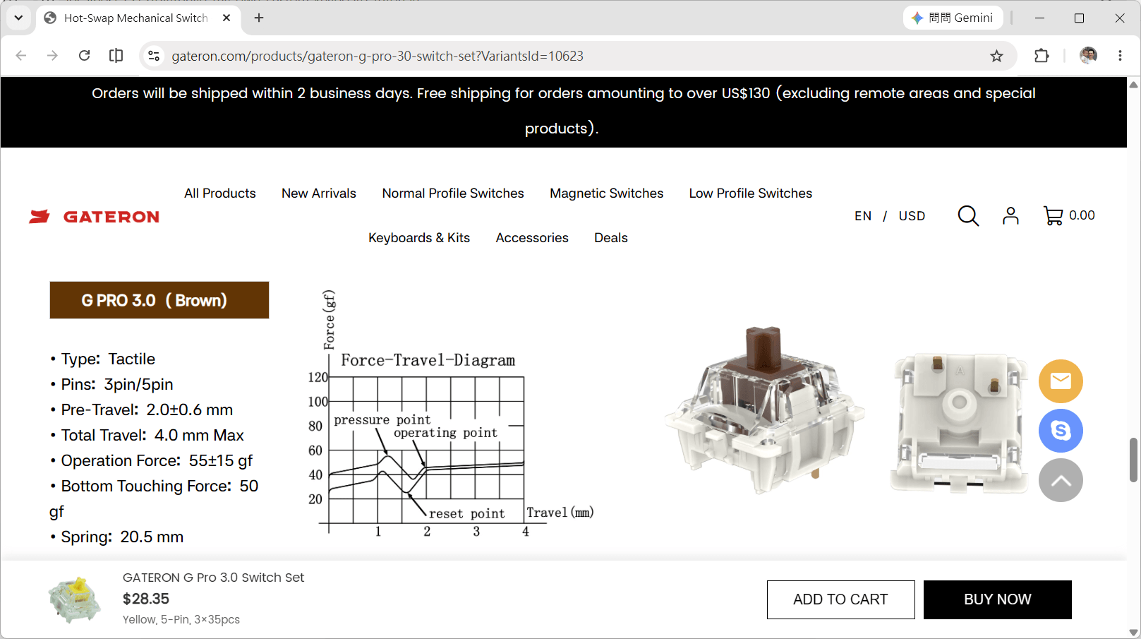 佳達隆 Gateron G Pro 3.0 茶軸參數與力曲線圖（force curve）
