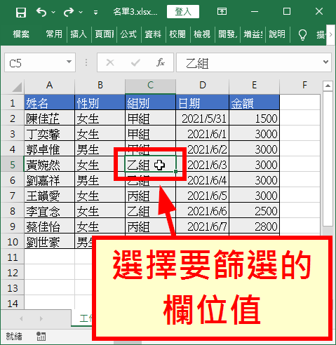 選擇要篩選的欄位值