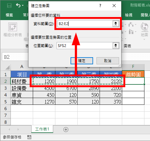 選擇折線圖資料範圍