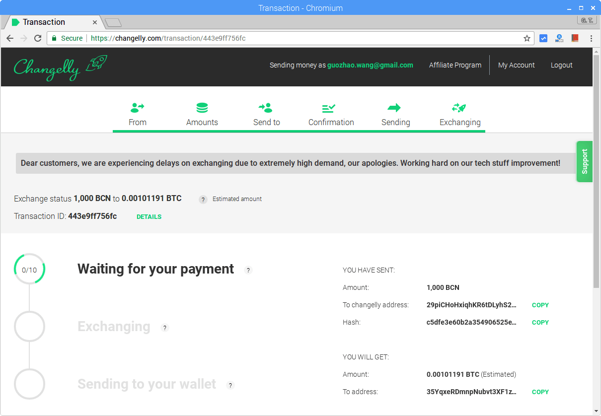 Changelly 等待付款