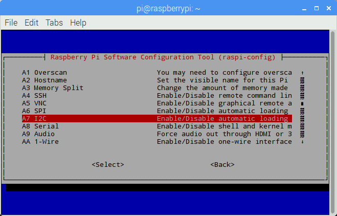 <code>raspi-config</code> 啟用 I2C 核心模組