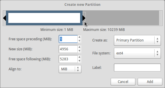 設定新磁碟分割區的大小