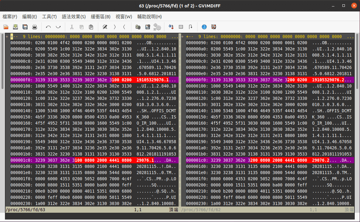 以 <code>gvimdiff</code> 比較二進位檔案差異