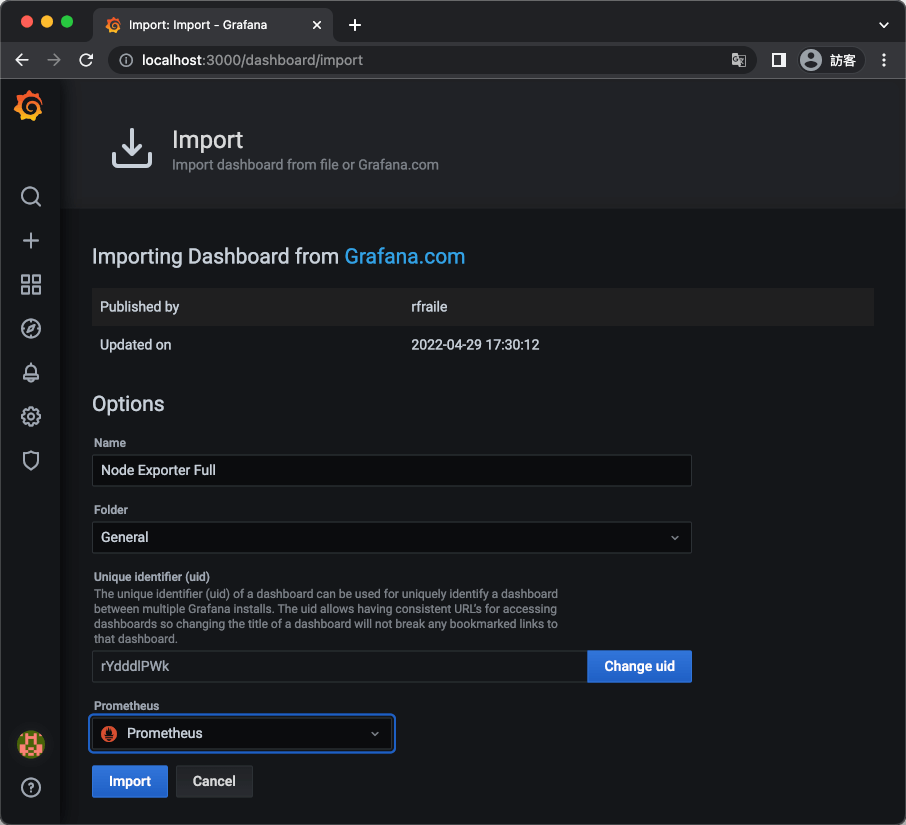 匯入 Node Exporter Full 儀表板