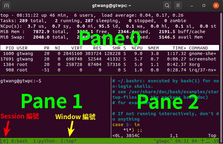 Session、Window 與 Panes