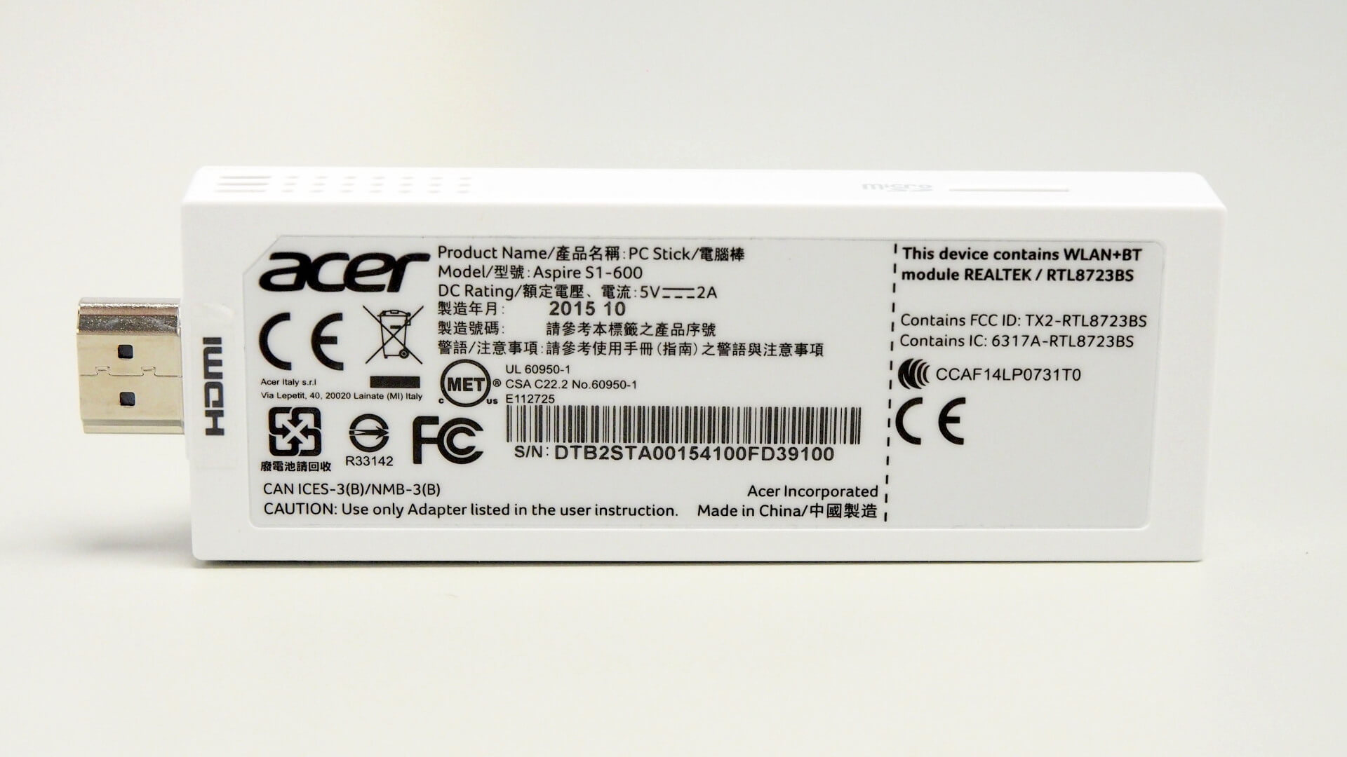 ACER 宏碁 Aspire S1-600 電腦棒背面