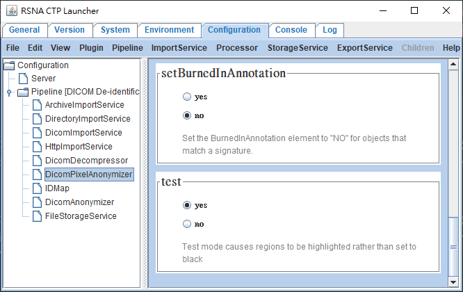 打開 CTP DICOM Pixel Anonymizer 的 test 選項