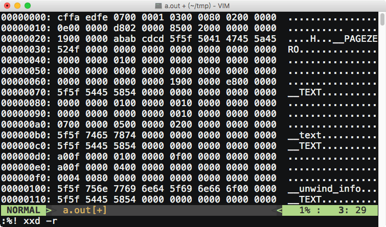 Vim 使用 <code>xxd -r</code> 轉換為二進位資料