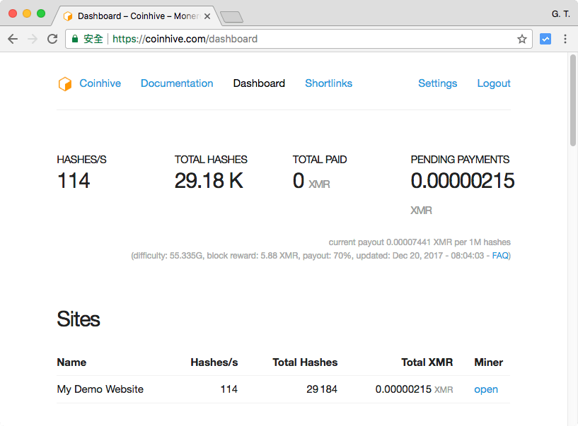 Coinhive Dashboard 頁面