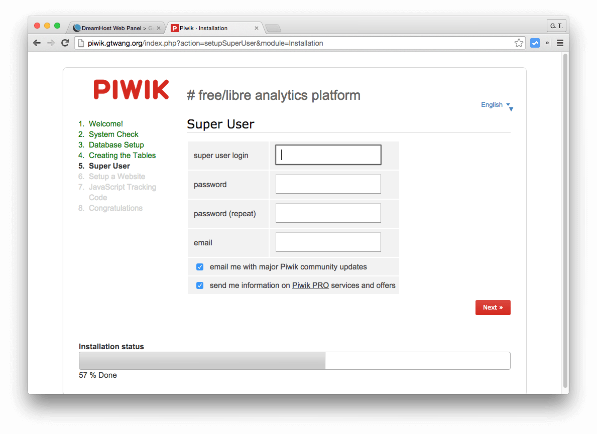 建立 Piwik 管理者帳號
