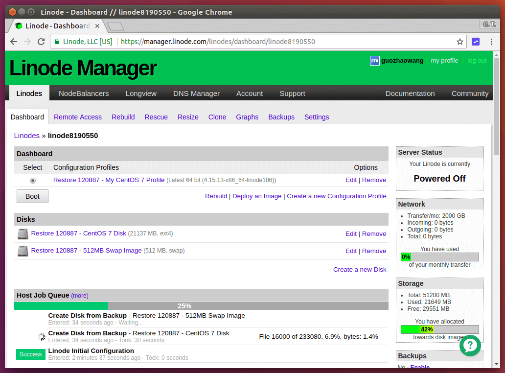 等待回復 Linode VPS 備份快照