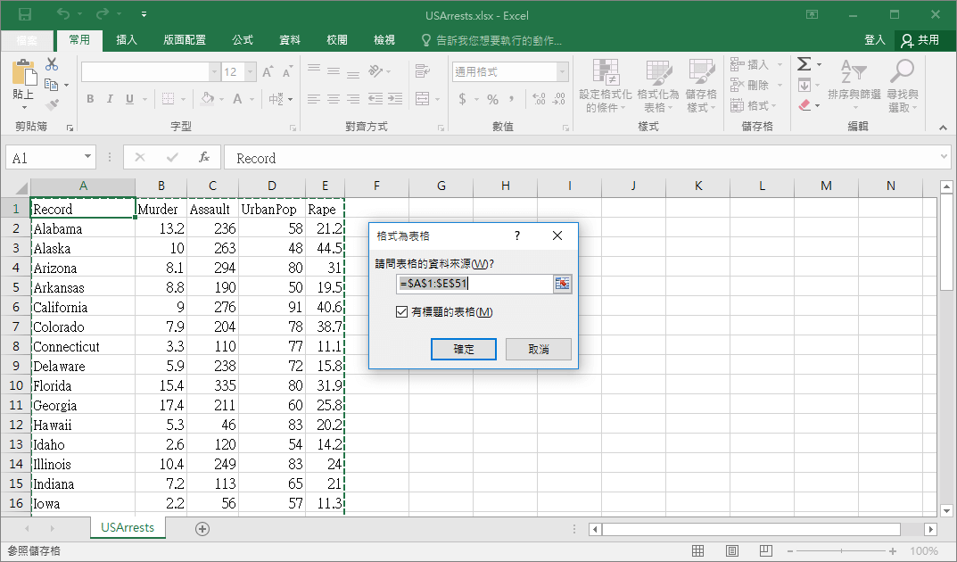 選擇表格的範圍
