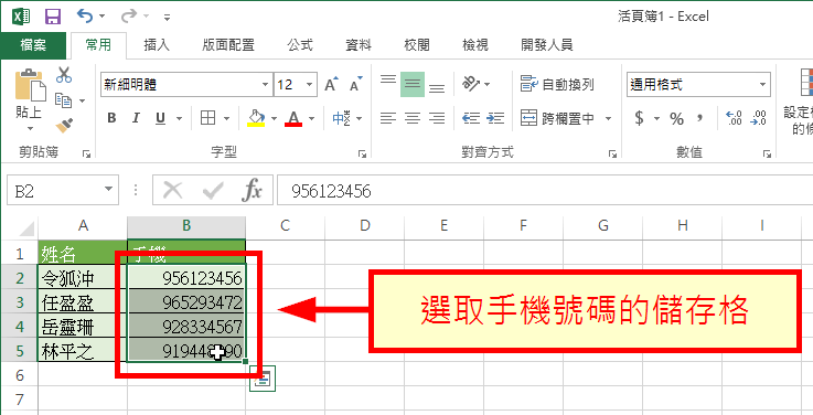 選取手機號碼的儲存格