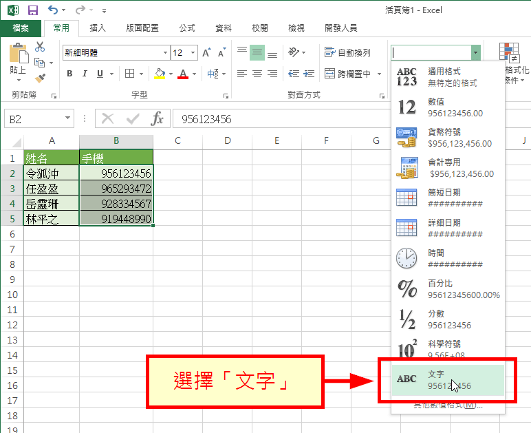 選擇「文字」格式