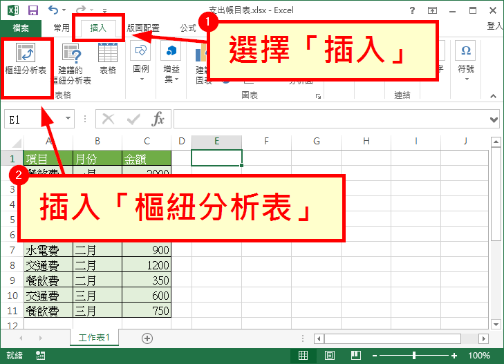 插入「樞紐分析表」