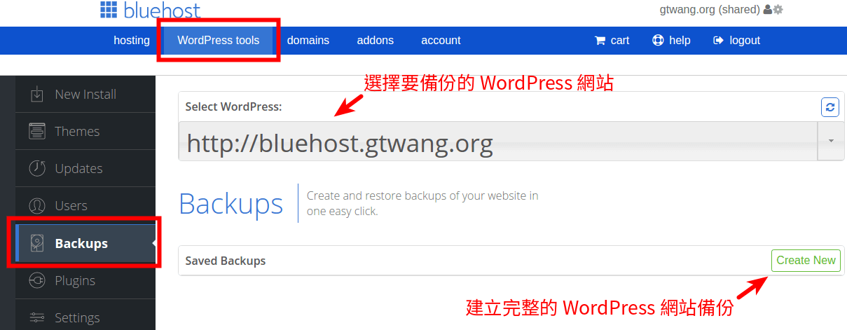 Bluehost 的 WordPress 備份工具